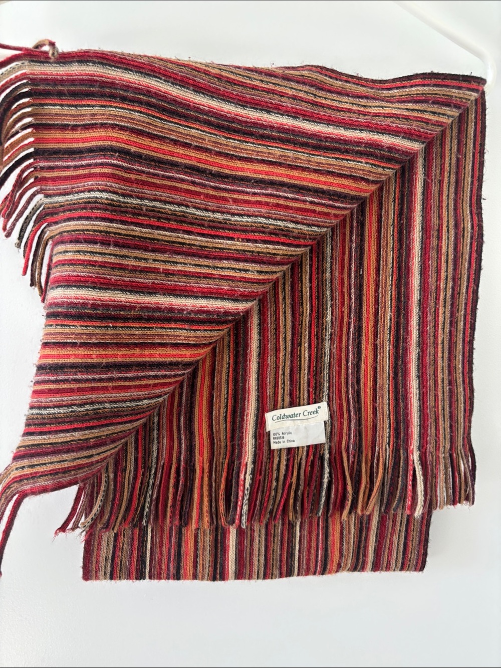 Coldwater Creek Red, Tan & Black Striped Fringe winter scarf